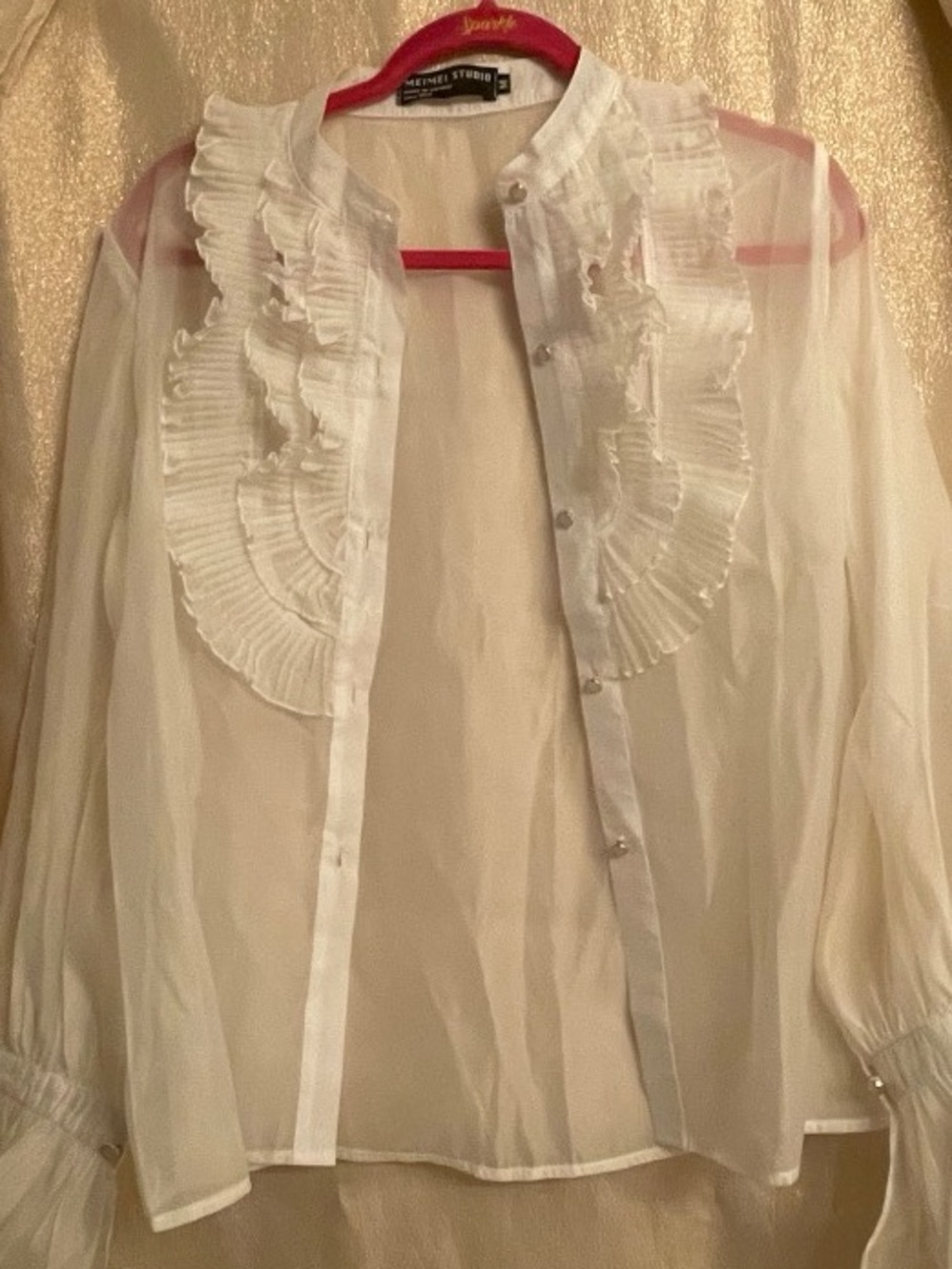 MEIMEI STUDIO Sheer White Ruffle Blouse M Pleated Bib Flare Cuff Button Up